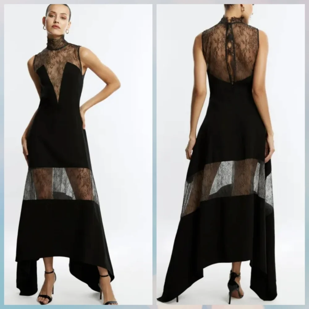 New BCBGMaxAzria Black Maxi Asymmetrical Lace Dress - Picture 3 of 3